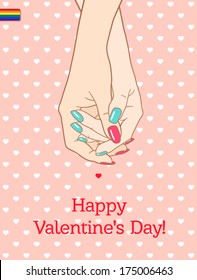 Greeting card "Happy Valentine's Day", with holding hands couple lesbians