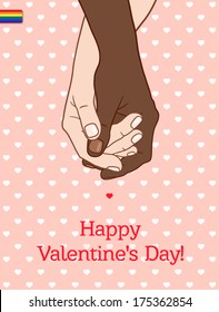 Greeting card "Happy Valentine's Day", with holding hands couple gays (black-skinned and white-skinned)