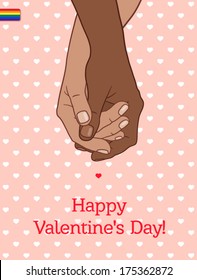 Greeting card "Happy Valentine's Day", with holding hands couple gays (black-skinned and dark-skinned)