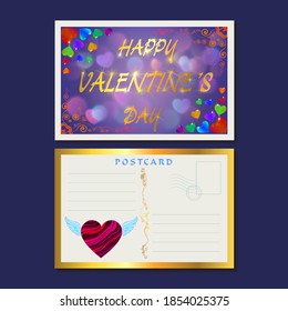 Greeting card for Happy Valentine's Day. Romantic vector card with hearts and gold text. Creative art design.