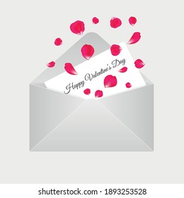 Greeting card Happy Valentine's Day with red and pink rose petals. Envelope with wishes for Valentine's Day