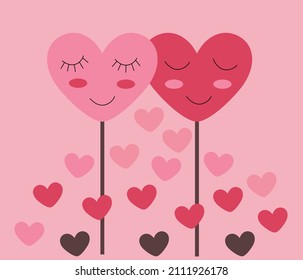 greeting card Happy Valentines Day. Two hearts on a stick with eyes and cheeks are shy and in love on a pink background. vector image.