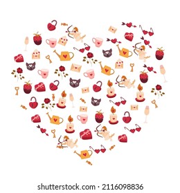 Greeting card for Happy Valentine's day. Love Poster. The shape of a heart consisting of the symbols and decorative elements of St. Valentine.Vector Illustration