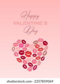 Greeting card for Happy Valentine's day. Love Poster. The shape of a heart consisting of the lips kiss print symbols. Vertical banner, background. Vector Illustration.