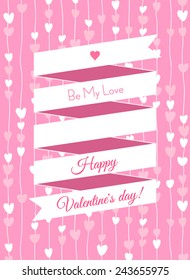 Greeting card "Happy Valentine's Day" with white ribbon on the background of hearts on threads