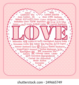 Greeting card "Happy Valentine's Day", heart-shaped words "love" in different languages of the world