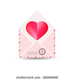 greeting card happy Valentine's day - the open envelope with a heart and stamp with the inscription I love you