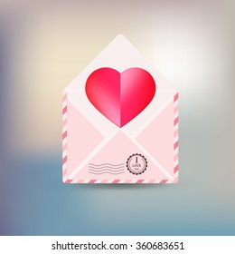 greeting card happy Valentine's day - the open envelope with a heart and stamp with the inscription I love you