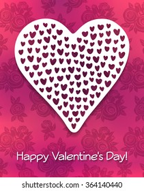 Greeting card "Happy Valentine's Day", pattern of many little hearts on background of roses