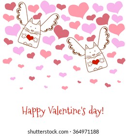 Greeting card happy Valentine's Day with angels,cats and hearts.Vector illustration on the theme of love. Easy to edit