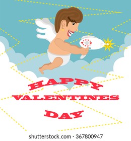 greeting card happy Valentines day. design. funny cupid fires his blaster.