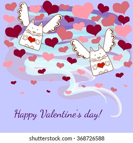 Greeting card happy Valentine's Day with angels,cats and hearts.Vector illustration on the theme of love