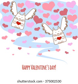 Greeting card happy Valentine's Day with angels,cats and hearts.Vector illustration on the theme of love