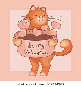 Greeting card happy Valentine's day. The image of the big red cat and hearts.