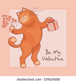 Greeting card happy Valentine's day. The image of the big red cat and hearts.