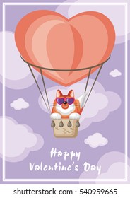 Greeting card happy Valentine's day. Funny animal flying in a hot air balloon.