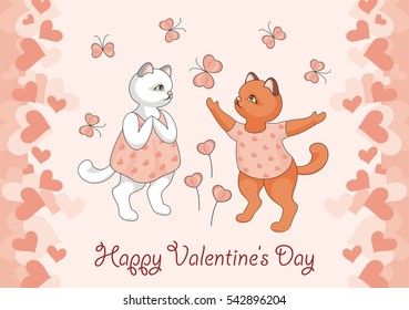 Greeting card happy Valentine's day. Cartoon image of cute funny kittens, butterflies and flowers in form of hearts.