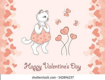 Greeting card happy Valentine's day. Cartoon image of cute funny kitten, butterflies and flowers in form of hearts.