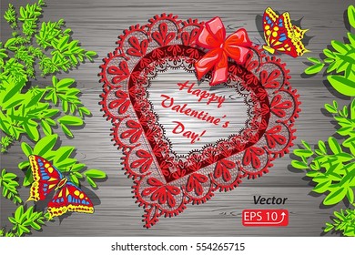 Greeting card Happy Valentine's Day with red lacy heart, silk bow, butterfly, green branch, leaves on gray wooden background vector illustration