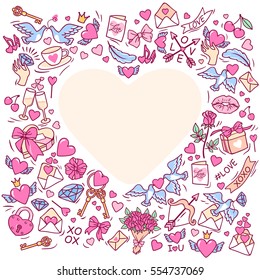 Greeting card for Happy Valentine's day. Frame consisting of the symbols and decorative elements. White background. Frame in the shape of a heart. Vector Illustration