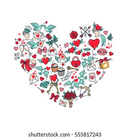 Cartão para Feliz Dia dos Namorados. Cartaz do Amor. A forma de um coração composto pelos símbolos e elementos decorativos de São Valentim. Fundo branco. Ilustração vetorial