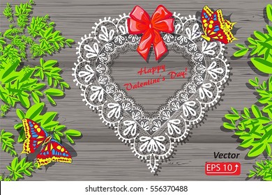 Greeting card Happy Valentine's Day with white lacy heart, red silk bow,  butterfly, green branch, leaves on gray wooden background vector illustration