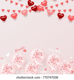 Greeting Card for Happy Valentine's Day. Beautiful Background with Realistic Transparent Pink Air Balloons with Confetti. Vector Illustration with Garlands from Hearts.