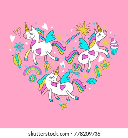 Greeting card happy Valentine's Day. Cute magical unicorns, flowers, cakes, magic wand, stars, rainbow. Set of vector cliparts has the shape of a heart.