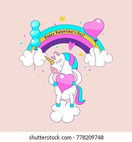 Greeting card happy Valentine's Day. The unicorn holding a heart standing under a rainbow. Vector illustration.