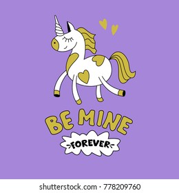 Greeting card happy Valentine's Day. Cute magical unicorn, Pegasus. Hand drawn design. Be my forever.