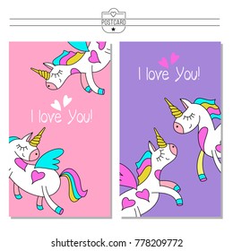 Greeting card happy Valentine's Day. Cute magical unicorns. Vector illustration.