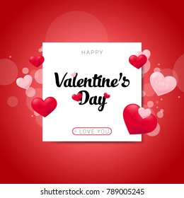 Greeting card happy Valentine's day. White sheet with the inscription on a red background surrounded by 3D hearts. Can be used for advertising, magazine, wallpaper, banner and background.