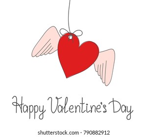 Greeting card Happy Valentine's Day with heart and wings on white, stock vector illustration