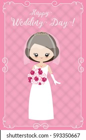 Greeting card "happy wedding day!" with decorative frame and a bride in a white dress on a pink textured background. Vector