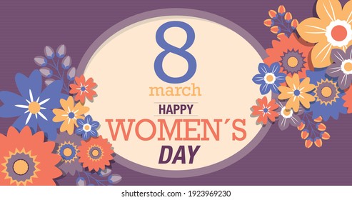 Greeting Card of HAPPY WOMEN S DAY. Text inside a yellow oval surrounded by red, blue and yellow flowers on a purple background. Vector image