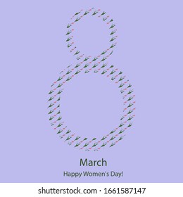 Greeting card for Happy Women's Day March 8. Vector illustration. Ornament of pink tulips. Mauve isolated background. Laconic style. Holiday print.