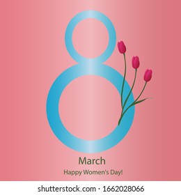 Greeting card for Happy Women's Day March 8. Vector illustration. Decoration of bright pink tulips. Pale pink isolated background. Laconic style. Holiday print.