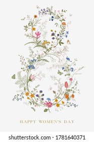Greeting card. Happy Women's day. March 8. Vintage floral vector element. Victorian. Colorful 