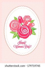 Greeting card "Happy Women's Day", with stylized roses on openwork napkin