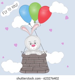Greeting card the  hare cub flies in a basket tied to balloons.