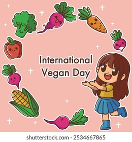 Greeting card healthy food, baby food, lots of vegetables around, pink background, happy cute girl, dream, happiness, lots of stars nearby, stickers