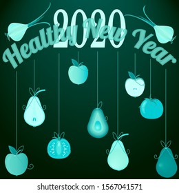 Greeting card Healthy New Year 2020. Set vegetables and fruits in form of Christmas toys. Vector template for design of postcards, posters, flyers and brochures about healthy nutrition.