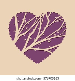 Greeting card with heart and a beautiful tree. Template invitation for laser cutting. Greeting card for cutting plotter.