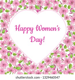 Greeting card with heart of Frangipani flowers for your greetings. Floral card with heart of pink flowers. Happy Women's Day.