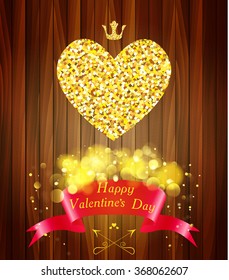 Greeting card with heart of gold. Concept for Valentines Day.