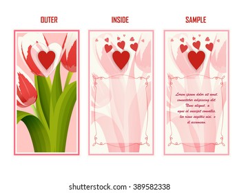 Greeting card with heart. Outside and inside sides with sample of text on it.