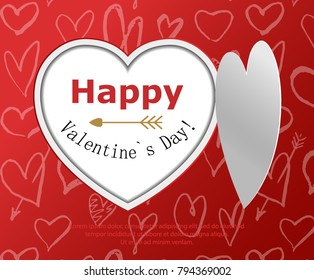 Greeting card with heart, red background, origami. Postcard with a surprise. Happy Valentine's Day. Vector illustration.