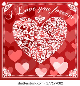 Greeting card with heart. Red and White color. Vector illustration.