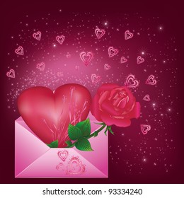 Greeting card with heart and rose in envelope