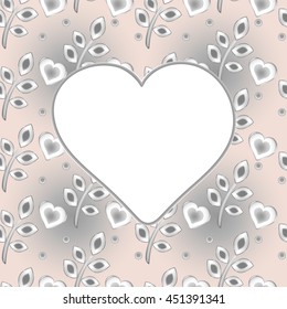 Greeting card with heart shape frame & abstract romantic pattern. Use for: greeting card, postcard, save date, flyer, banner